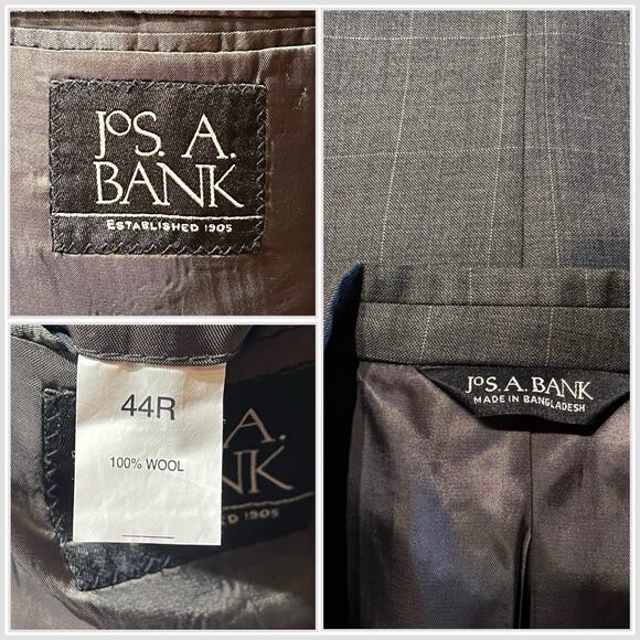 Jos A Bank Mens 44R 36x29 Gray Windowpane Plaid 2 Piece Suit Set - Picture 16 of 16